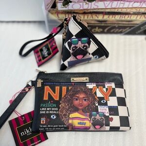 2pc Pug purse Nikky Black and White Wallet Wristlet Coin purse Set pug dog